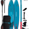 SUP board with kayak seat attached floating on calm lake