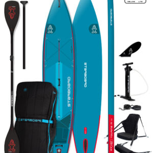 SUP board with kayak seat attached floating on calm lake