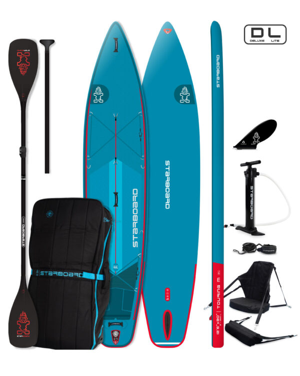 SUP board with kayak seat attached floating on calm lake