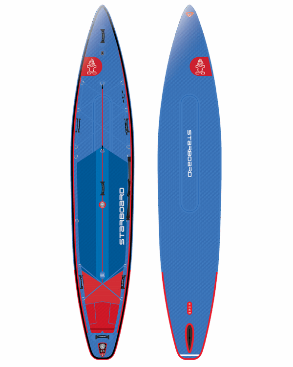 Starboard Touring M 14'0" pripučiama irklentė su dviguba kamera ant ežero vandens