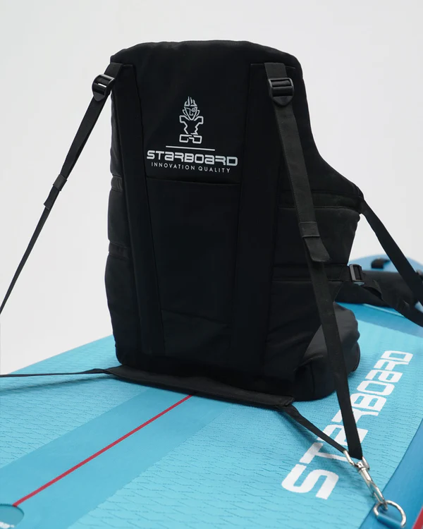 Rider converting SUP to kayak mode with paddle switch