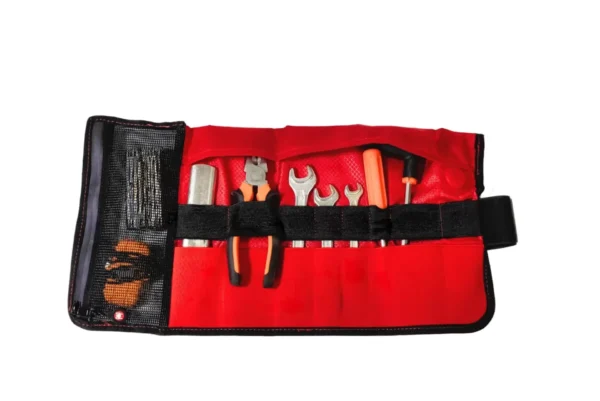 Amphibious OFF-WAIST bag with tool kit organized in red inner compartment