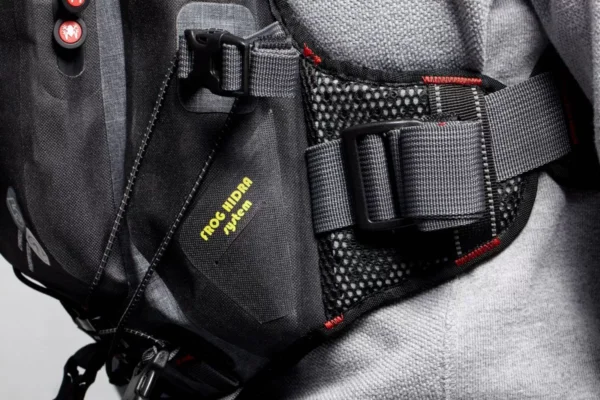 Red stitching details on Amphibious Interceptor adventure backpack