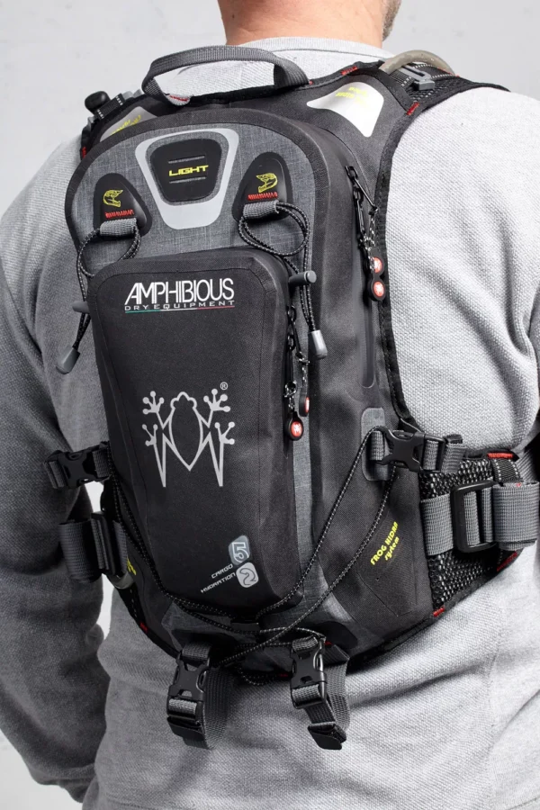 Amphibious Interceptor backpack for motorcycle touring waterproof and ergonomic