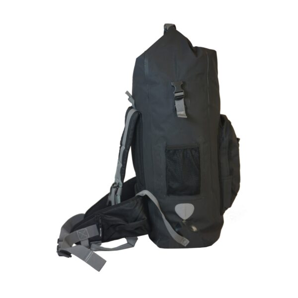 Overland Pro Dry Backpack in black with padded mesh back and adjustable straps for comfort.