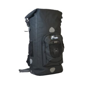 Black Amphibious Overland Pro Dry Backpack 45L waterproof design with reflective safety bands.