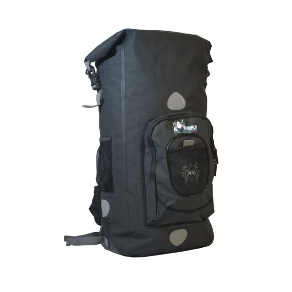 Black Amphibious Overland Pro Dry Backpack 45L waterproof design with reflective safety bands.