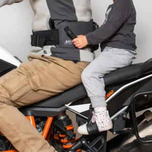 Close-up of BABYBIKER adjustable leg pockets for child passengers
