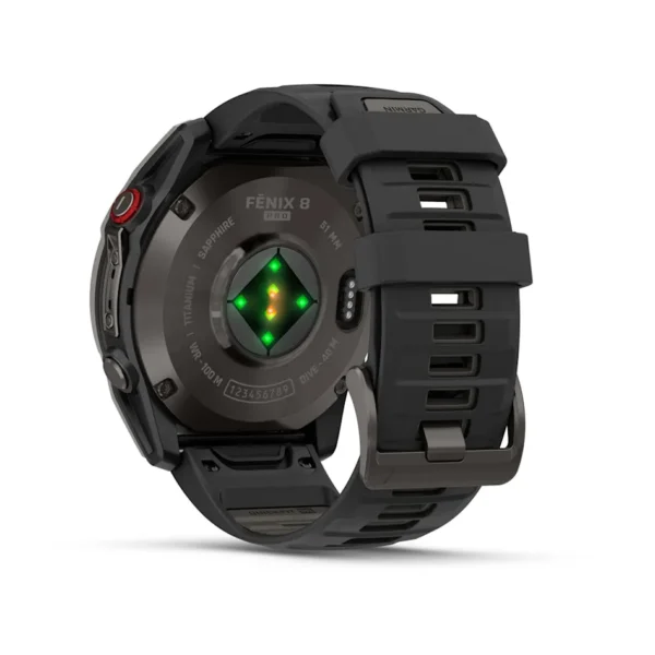 Garmin Fenix 8 Pro širdies ritmo sensorius iš galo