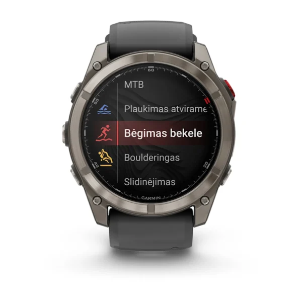 Garmin Fenix 8 Pro treniruotės rodikliai ekrane